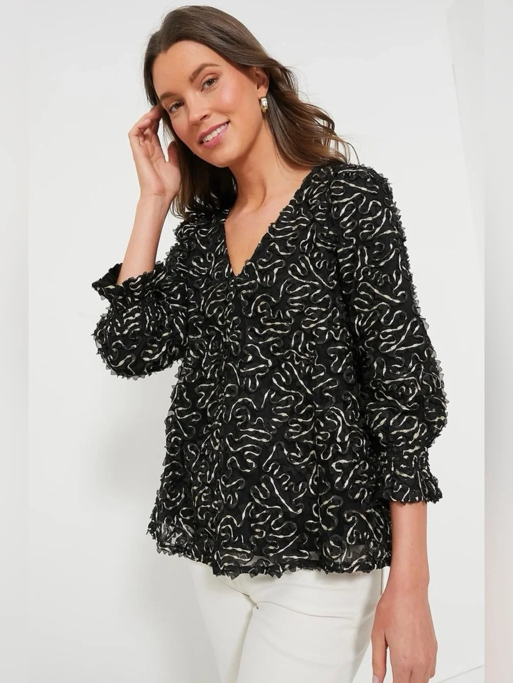Tuckernuck Black Gold Textured Peplum Blouse Puff Sleeve Top NWT Large
